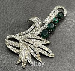 Roth-Feder Vintage Pot Metal Rhinestone Brooch Green Faux Emerald Art Deco READ