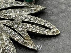 Roth-Feder Vintage Pot Metal Rhinestone Brooch Green Faux Emerald Art Deco READ