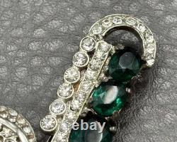Roth-Feder Vintage Pot Metal Rhinestone Brooch Green Faux Emerald Art Deco READ