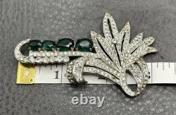 Roth-Feder Vintage Pot Metal Rhinestone Brooch Green Faux Emerald Art Deco READ