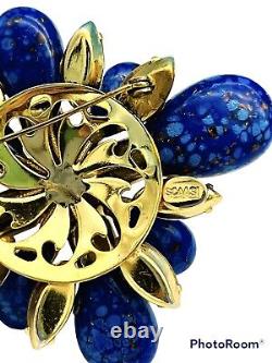 SCAASI Vintage Blue Mottled Glass Giant Faux Pearl Diamante Brooch Pin RARE