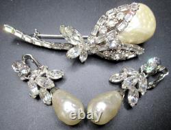 SCHREINER Baroque Style Pearl Rhinestone Flower Vintage Brooch Earring Set