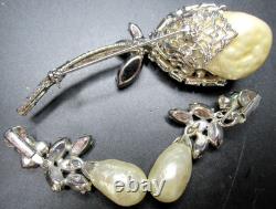 SCHREINER Baroque Style Pearl Rhinestone Flower Vintage Brooch Earring Set