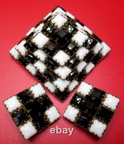 SCHREINER Black & White Checkerboard Rhinestone Pyramid Brooch Earring Set