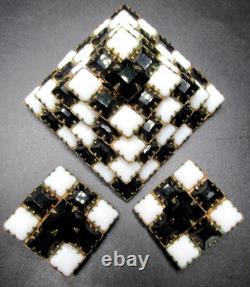 SCHREINER Black & White Checkerboard Rhinestone Pyramid Brooch Earring Set