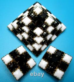 SCHREINER Black & White Checkerboard Rhinestone Pyramid Brooch Earring Set