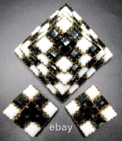 SCHREINER Black & White Checkerboard Rhinestone Pyramid Brooch Earring Set