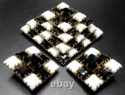 SCHREINER Black & White Checkerboard Rhinestone Pyramid Brooch Earring Set