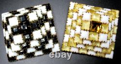 SCHREINER Black & White Checkerboard Rhinestone Pyramid Brooch Earring Set