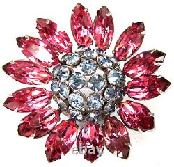 SCHREINER Pink & Blue Rhinestone Flower Vintage Pin Brooch