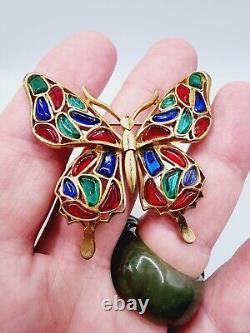 SUPER RARE Vintage TRIFARI Fruit Salad Glass Stone BUTTERFLY Brooch PIN