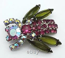 SUPERB Insect BUMBLE BEE BROOCH PIN Pink & Green & AB GLASS Rhinestones Vintage