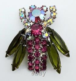 SUPERB Insect BUMBLE BEE BROOCH PIN Pink & Green & AB GLASS Rhinestones Vintage