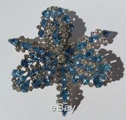 Schiaparelli Large Vintage Blue Rhinestone Layered Orchid Flower Pin Brooch