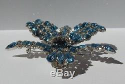 Schiaparelli Large Vintage Blue Rhinestone Layered Orchid Flower Pin Brooch