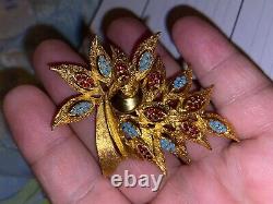 Schiaparelli Signed Pin Brooch Vintage Brilliant Red Rhinestone & Faux Turquoise