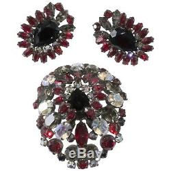 Schreiner Brooch Earrings Set VTG Cranberry Red & Gray Iridescent Rhinestones
