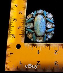 Schreiner NY Signed RARE Vintage 60's Brooch Gold Floss Turquoise & Rhinestone