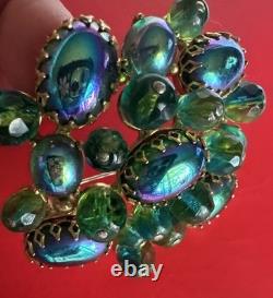 Schreiner New York Emerald Green Peacock Cabochon Dragon Breath Brooch Pin 2.5