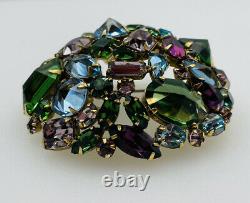 Schreiner New York Vintage Purple Blue Green Crystal Rhinestone Large Brooch Pin