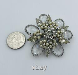 Schreiner New York Vintage Signed Glass Rhinestone & Pearl Flower Brooch Pin