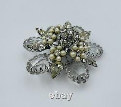 Schreiner New York Vintage Signed Glass Rhinestone & Pearl Flower Brooch Pin