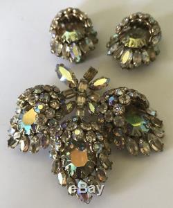 Schreiner Vintage Bling Aurora Borealis Rhinestone Flowers Pin Brooch & Earrings