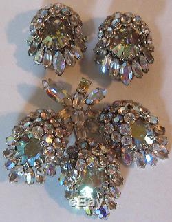 Schreiner Vintage Bling Aurora Borealis Rhinestone Flowers Pin Brooch & Earrings