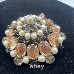Schreiner Vintage Layered Rhinestone & Faux Pearl Dome Brooch Statement READ