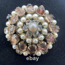 Schreiner Vintage Layered Rhinestone & Faux Pearl Dome Brooch Statement READ