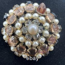 Schreiner Vintage Layered Rhinestone & Faux Pearl Dome Brooch Statement READ