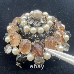 Schreiner Vintage Layered Rhinestone & Faux Pearl Dome Brooch Statement READ