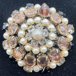 Schreiner Vintage Layered Rhinestone & Faux Pearl Dome Brooch Statement READ