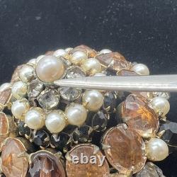 Schreiner Vintage Layered Rhinestone & Faux Pearl Dome Brooch Statement READ