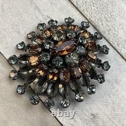 Schreiner Vintage Layered Smokey Gray Topaz Rhinestone Dome Brooch Pin READ