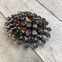 Schreiner Vintage Layered Smokey Gray Topaz Rhinestone Dome Brooch Pin READ