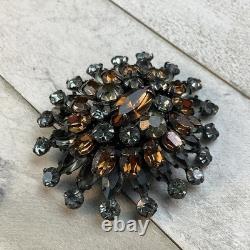 Schreiner Vintage Layered Smokey Gray Topaz Rhinestone Dome Brooch Pin READ