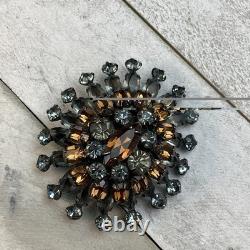 Schreiner Vintage Layered Smokey Gray Topaz Rhinestone Dome Brooch Pin READ