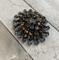 Schreiner Vintage Layered Smokey Gray Topaz Rhinestone Dome Brooch Pin READ