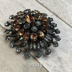 Schreiner Vintage Layered Smokey Gray Topaz Rhinestone Dome Brooch Pin READ