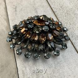Schreiner Vintage Layered Smokey Gray Topaz Rhinestone Dome Brooch Pin READ