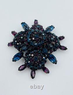 Schreiner Vintage Purple & Blue Glass Rhinestone Large Layered Brooch Pin