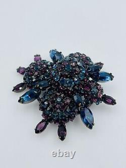 Schreiner Vintage Purple & Blue Glass Rhinestone Large Layered Brooch Pin