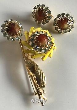 Schreiner Vintage Rhinestone Yellow Art Glass Flower Pin Brooch & Earrings Set