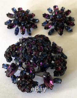 Schreiner Vintage Sapphire Blue & Purple Rhinestone Pin Brooch And Earrings Set