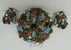 Schreiner Vintage Signed Rhinestone Brooch/Pendant and Clip on Earrings