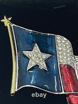 Signed Ann HAND Vintage TEXAS FLAG BROOCH Pin American Rhinestone Enamel Jewelry