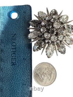 Signed Austria Smoke&Fog Rhinestone Stacked Superb Crystal Flower Vintage Brooch