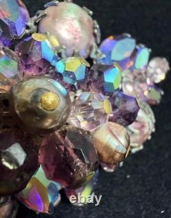 Signed Regency Vintage 50s Amethyst Cluster Brooch Lava Glass Cabochon 1.07oz