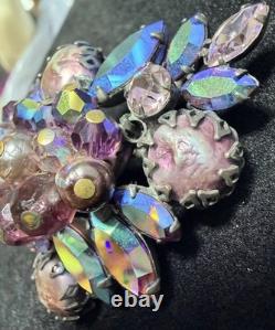 Signed Regency Vintage 50s Amethyst Cluster Brooch Lava Glass Cabochon 1.07oz